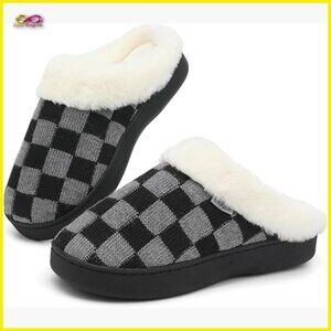 Classic Plaid Slippers with Memory Foam Fluffy Warm House Shoes Platform